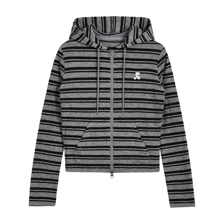STRIPE KNIT HOOD 
ZIP-UP-GREY