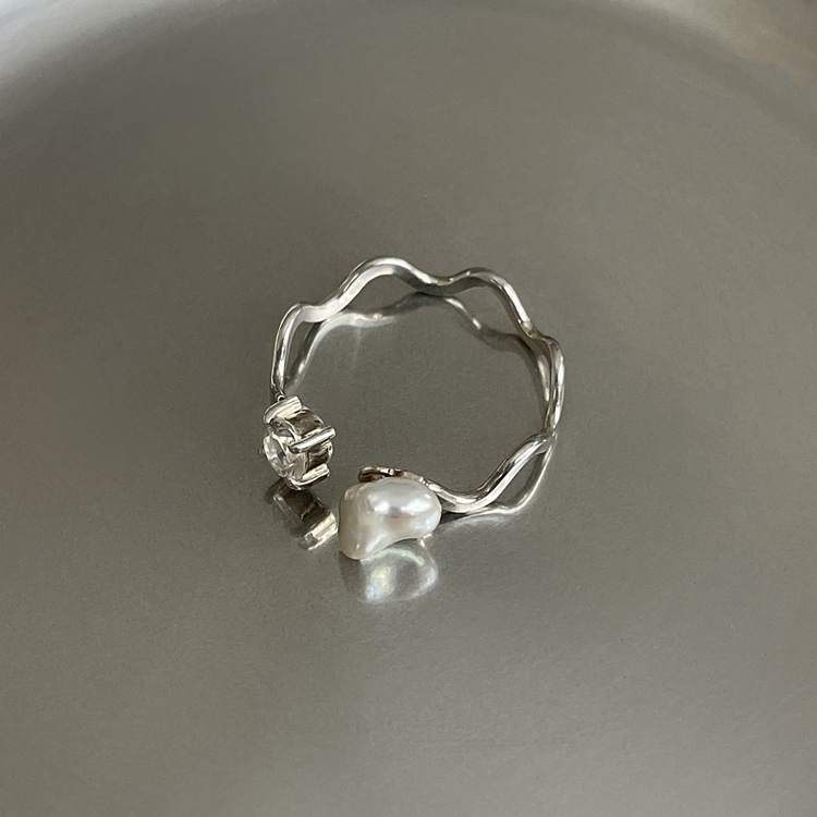 Waves Line with Pearl Open Ring